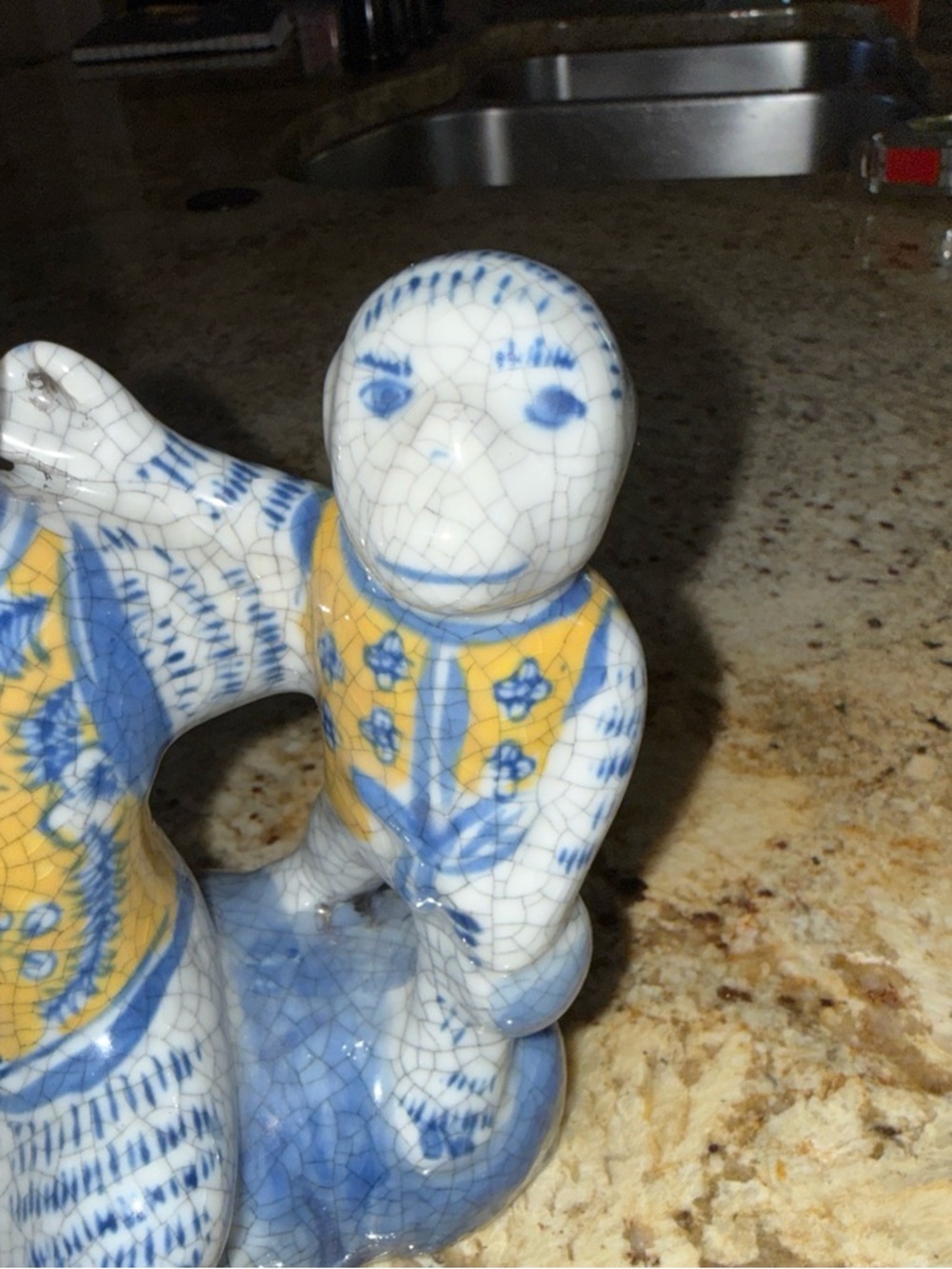 Vintage Chinosieri Blue and Yellow Ceramic Monkey Tea Pot/Saki - Picture 3 of 6